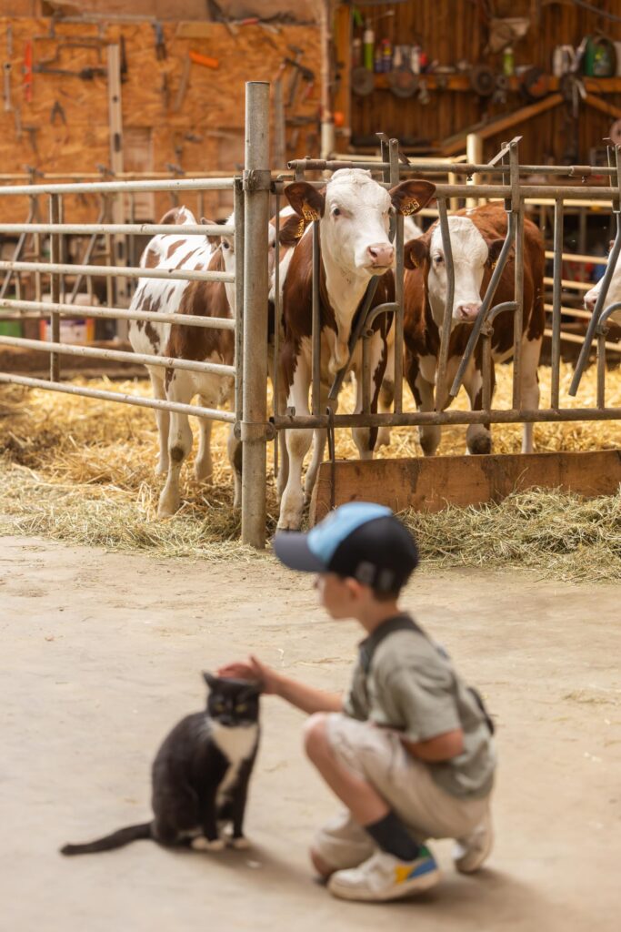 Famille découvrant la Ferme des Épilobes lors d'un séjour dans la Loire